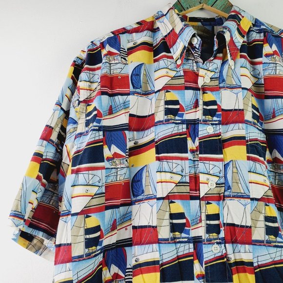 Nautica Sail Boat Sailing Short Sleeve Button Down Shirt Sz L - Picture 3 of 6